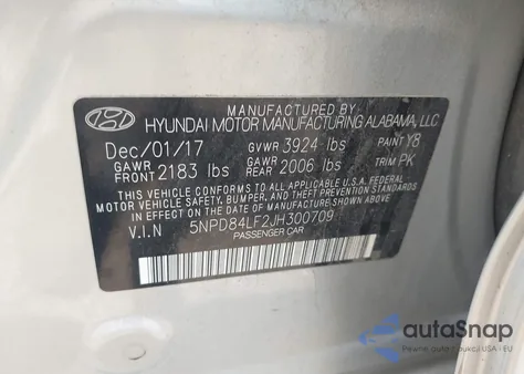 2018 Hyundai Elantra Sel z USA, uszkodzony, nr VIN 5NPD84LF2JH300709